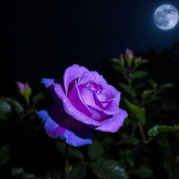 A stunning violet and blue rose blooming beautifully at night, illuminated by the soft glow of moonlight