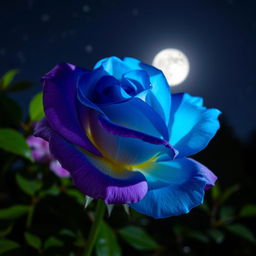 A stunning violet and blue rose blooming beautifully at night, illuminated by the soft glow of moonlight
