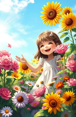 A charming digital painting of a girl smiling joyfully in a vibrant flower garden