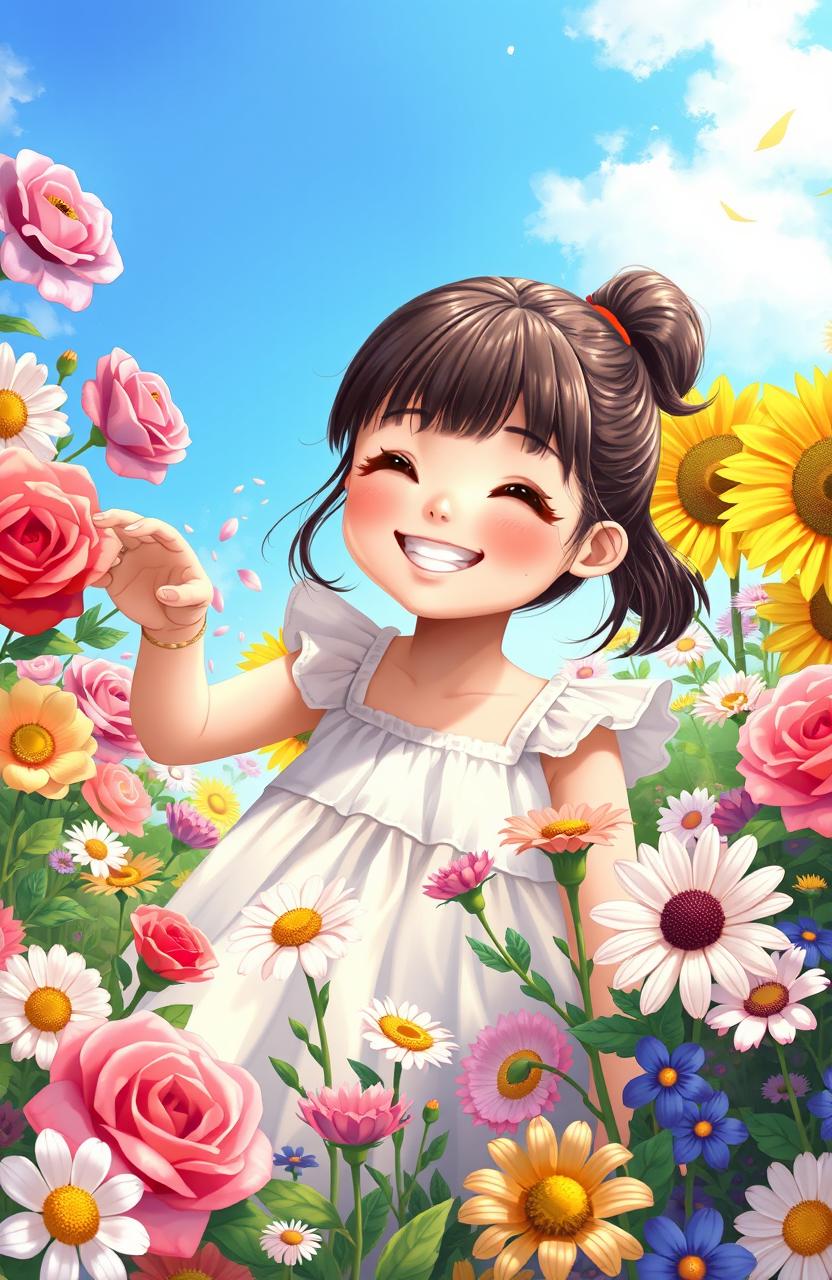 A charming digital painting of a girl smiling joyfully in a vibrant flower garden