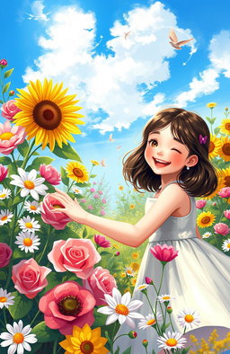 A charming digital painting of a girl smiling joyfully in a vibrant flower garden