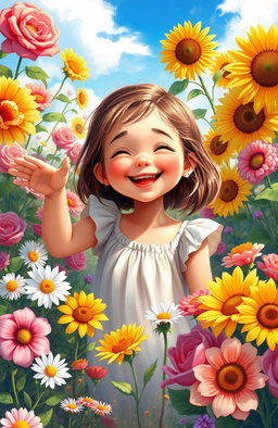 A charming digital painting of a girl smiling joyfully in a vibrant flower garden