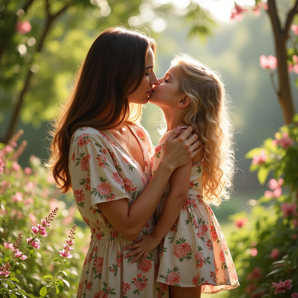 A tender moment between a mother and her daughter, sharing a loving kiss in a beautiful garden