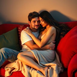 A cozy scene featuring a man and a half-naked woman cuddling on a plush sofa