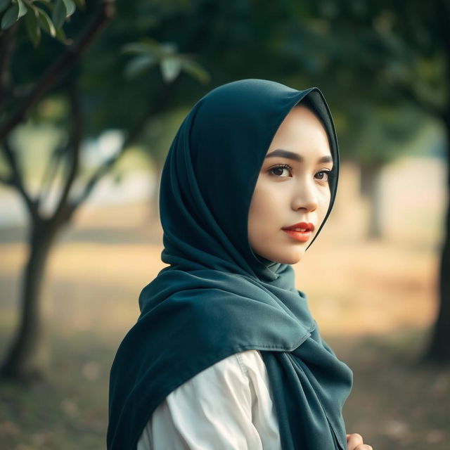 A beautiful woman wearing a hijab artfully draped around her, elegantly posing in a serene outdoor setting surrounded by nature