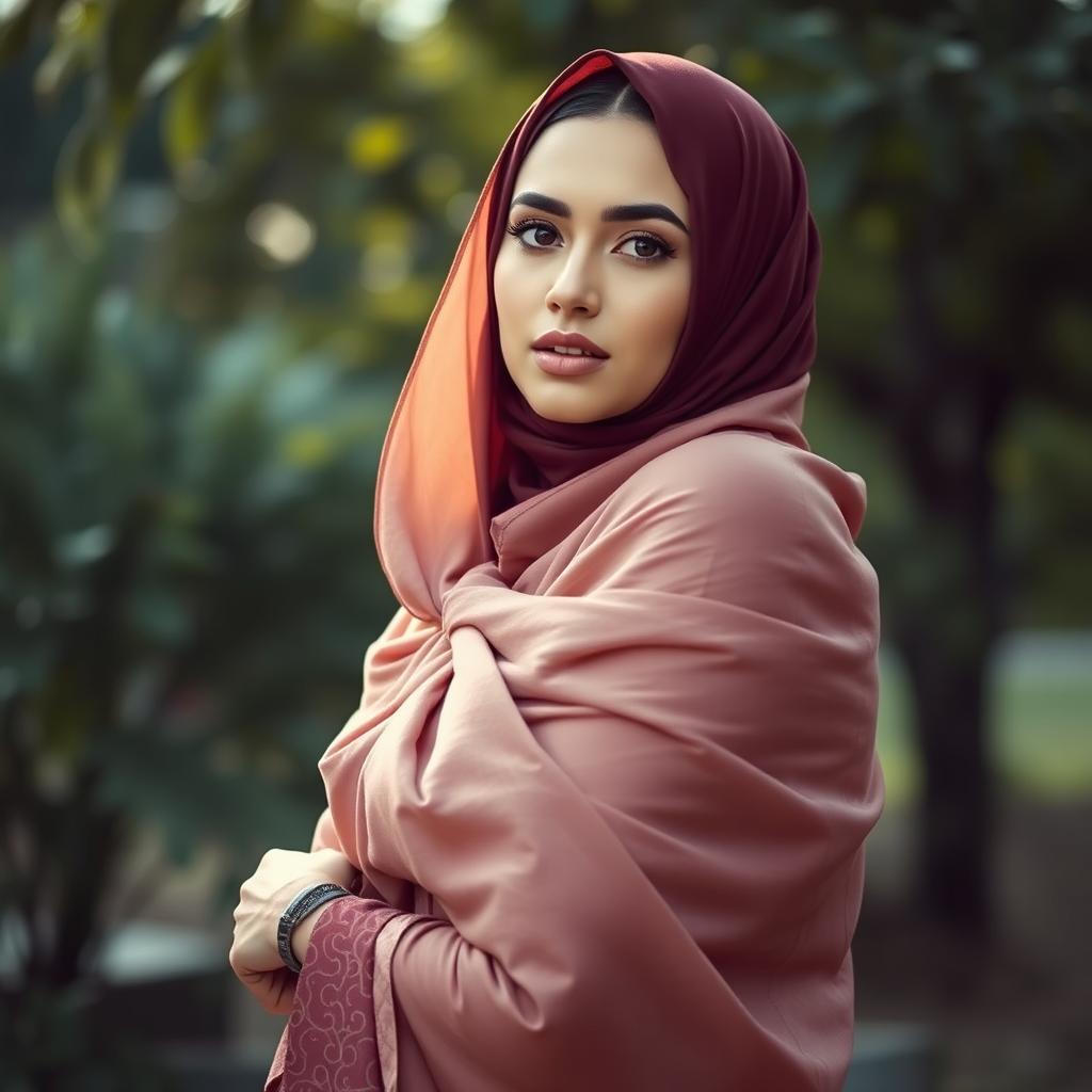 A beautiful woman wearing a hijab artfully draped around her, elegantly posing in a serene outdoor setting surrounded by nature