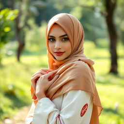 A beautiful woman wearing a hijab artfully draped around her, elegantly posing in a serene outdoor setting surrounded by nature