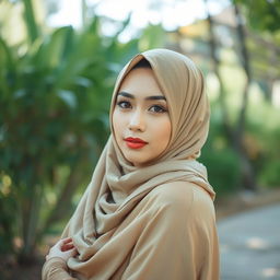 A beautiful woman wearing a hijab artfully draped around her, elegantly posing in a serene outdoor setting surrounded by nature