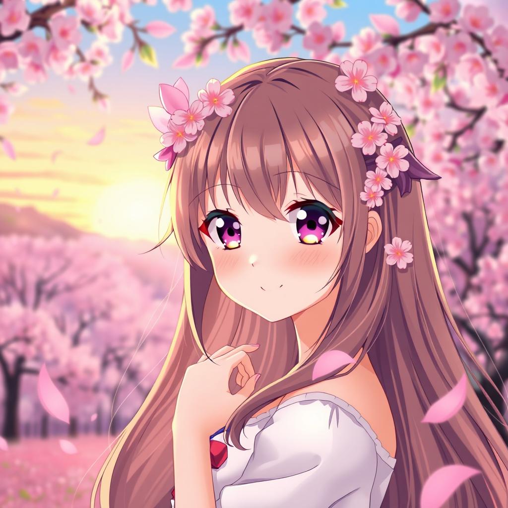 A beautiful anime girl with long flowing hair and large expressive eyes, posed playfully in a dreamy landscape full of cherry blossom trees and a soft sunset sky
