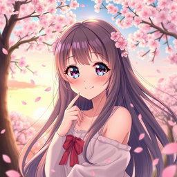 A beautiful anime girl with long flowing hair and large expressive eyes, posed playfully in a dreamy landscape full of cherry blossom trees and a soft sunset sky