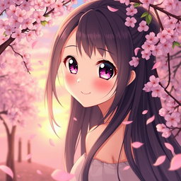 A beautiful anime girl with long flowing hair and large expressive eyes, posed playfully in a dreamy landscape full of cherry blossom trees and a soft sunset sky