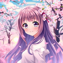 A beautiful anime girl with long flowing hair and large expressive eyes, posed playfully in a dreamy landscape full of cherry blossom trees and a soft sunset sky