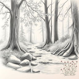 A beautifully detailed pencil sketch of a serene forest scene, showcasing a tranquil stream flowing through lush greenery, tall trees with intricate bark textures, delicate leaves, and soft lighting filtering through the branches