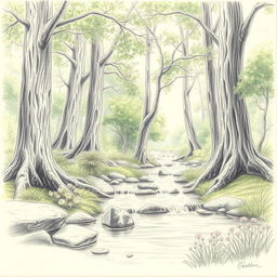 A beautifully detailed pencil sketch of a serene forest scene, showcasing a tranquil stream flowing through lush greenery, tall trees with intricate bark textures, delicate leaves, and soft lighting filtering through the branches