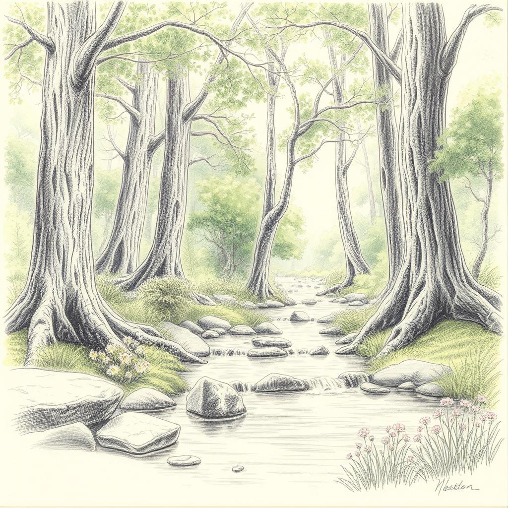 A beautifully detailed pencil sketch of a serene forest scene, showcasing a tranquil stream flowing through lush greenery, tall trees with intricate bark textures, delicate leaves, and soft lighting filtering through the branches