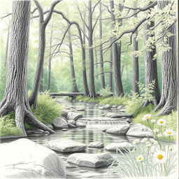 A beautifully detailed pencil sketch of a serene forest scene, showcasing a tranquil stream flowing through lush greenery, tall trees with intricate bark textures, delicate leaves, and soft lighting filtering through the branches
