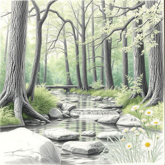 A beautifully detailed pencil sketch of a serene forest scene, showcasing a tranquil stream flowing through lush greenery, tall trees with intricate bark textures, delicate leaves, and soft lighting filtering through the branches