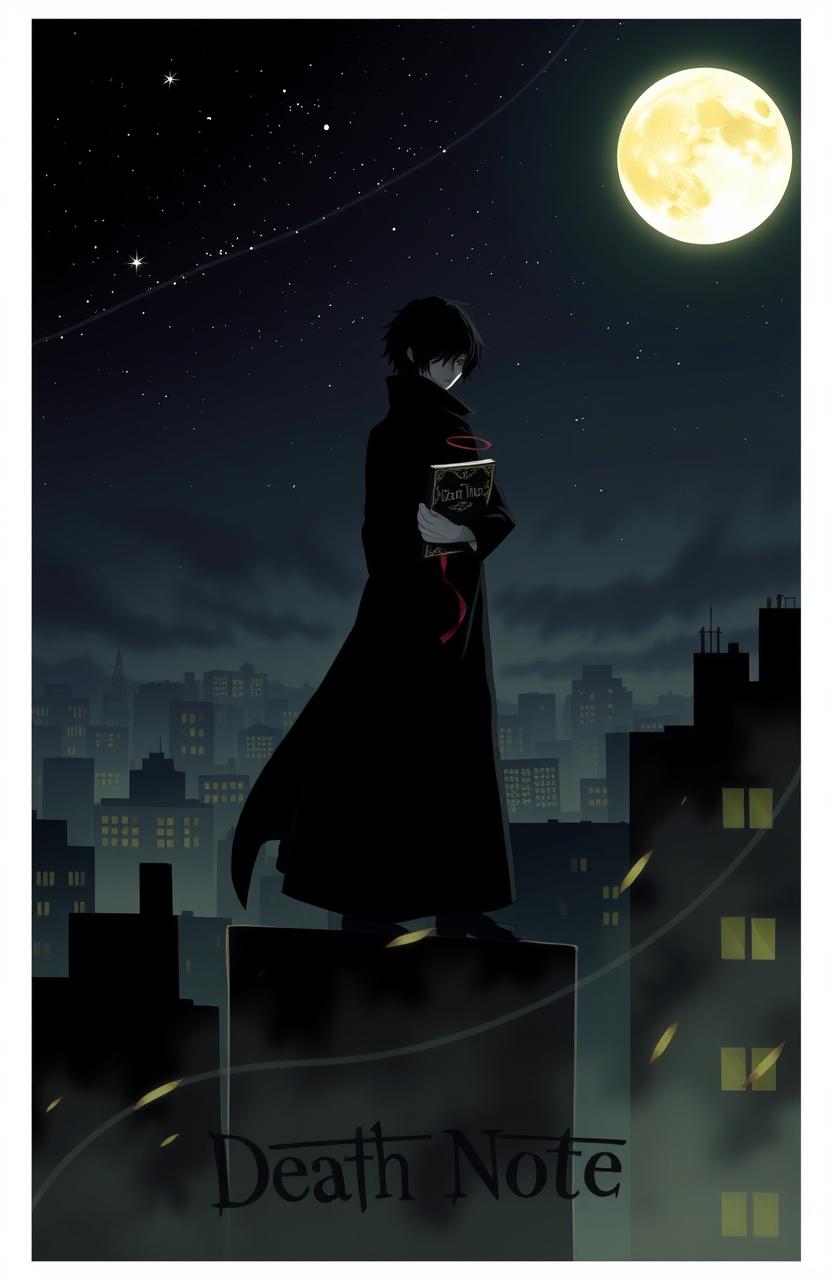 A stylized representation of a dark, atmospheric scene inspired by the concept of 'Death Note', featuring a mysterious figure holding a black notebook in a dimly lit urban environment