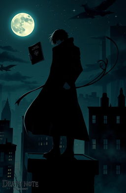 A stylized representation of a dark, atmospheric scene inspired by the concept of 'Death Note', featuring a mysterious figure holding a black notebook in a dimly lit urban environment