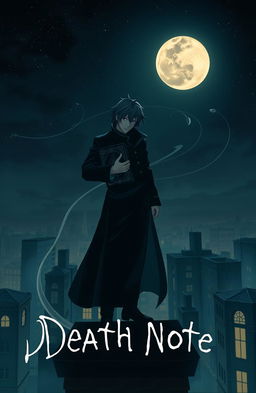 A stylized representation of a dark, atmospheric scene inspired by the concept of 'Death Note', featuring a mysterious figure holding a black notebook in a dimly lit urban environment