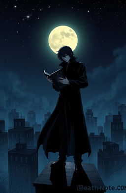 A stylized representation of a dark, atmospheric scene inspired by the concept of 'Death Note', featuring a mysterious figure holding a black notebook in a dimly lit urban environment