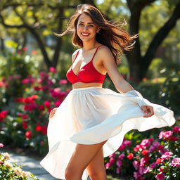 A young woman wearing a flowing white skirt, standing in a serene outdoor setting with a gentle breeze causing the skirt to lift slightly