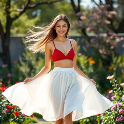 A young woman wearing a flowing white skirt, standing in a serene outdoor setting with a gentle breeze causing the skirt to lift slightly