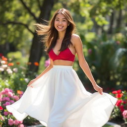 A young woman wearing a flowing white skirt, standing in a serene outdoor setting with a gentle breeze causing the skirt to lift slightly