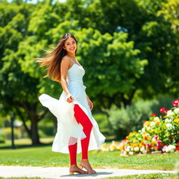 A young woman wearing a flowing white skirt standing gracefully in a sunny park