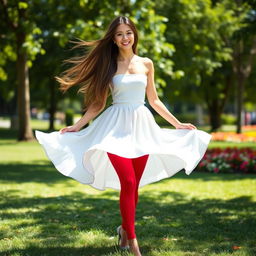 A young woman wearing a flowing white skirt standing gracefully in a sunny park