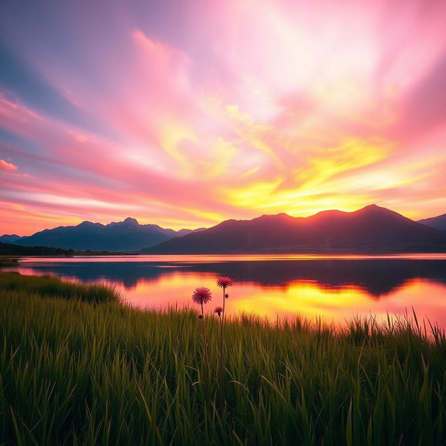 A stunning landscape photograph capturing the vibrant colors of a sunset over a serene lake, with mountains in the background reflected in the water