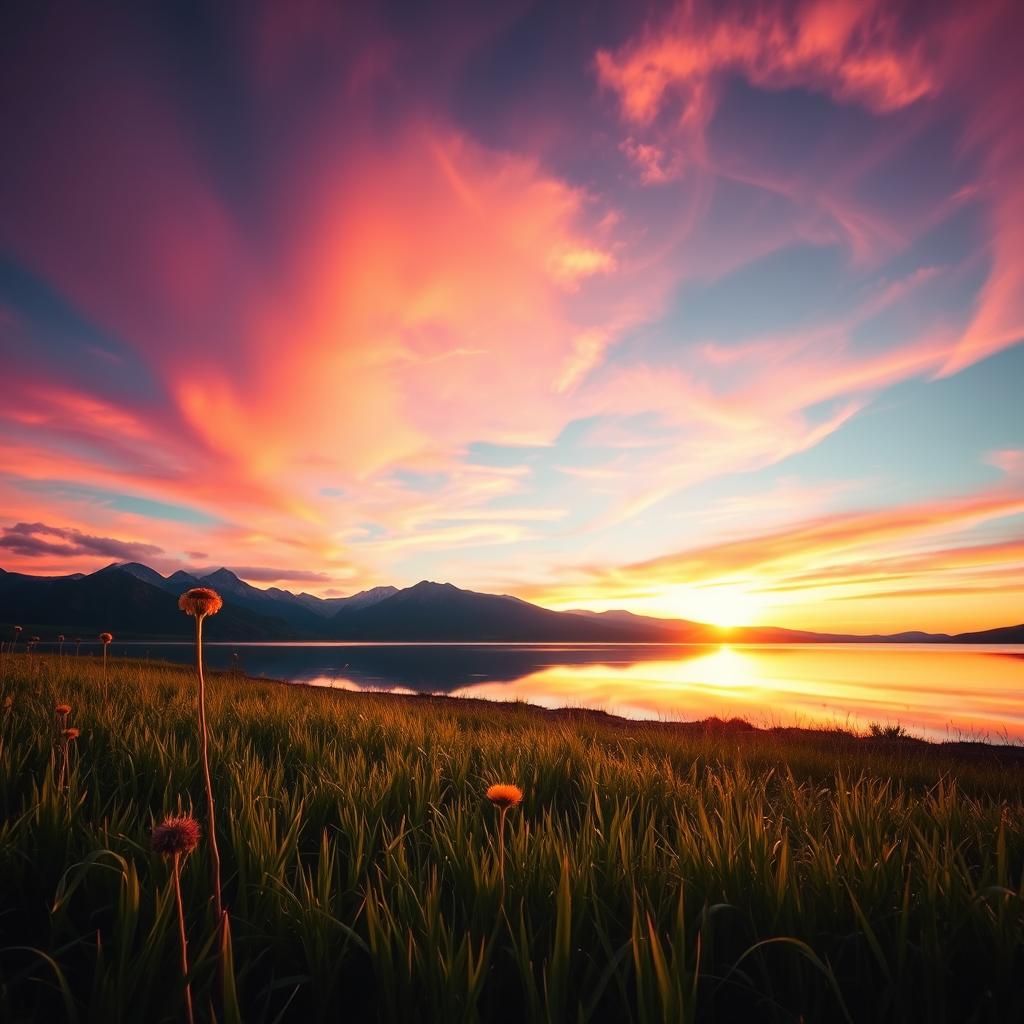 A stunning landscape photograph capturing the vibrant colors of a sunset over a serene lake, with mountains in the background reflected in the water