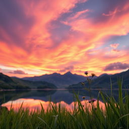 A stunning landscape photograph capturing the vibrant colors of a sunset over a serene lake, with mountains in the background reflected in the water