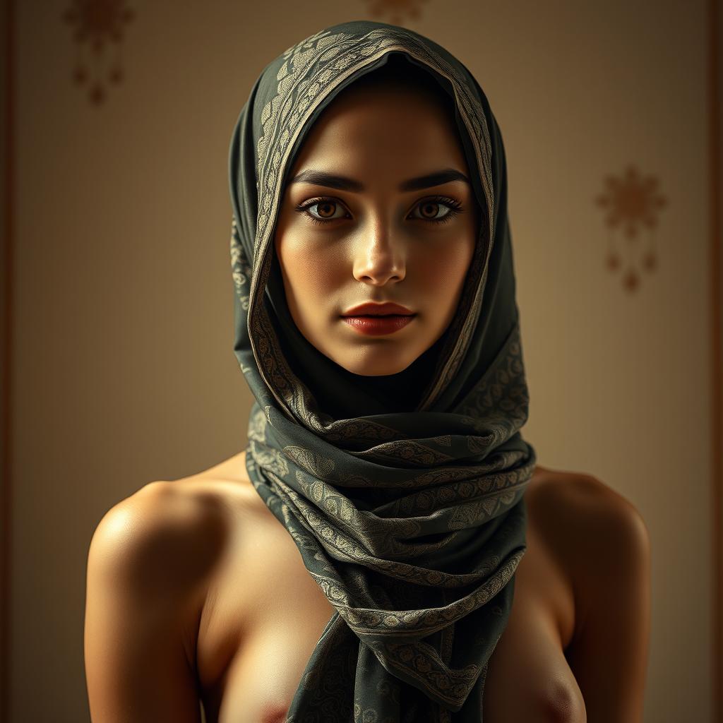 A striking image of a young woman wearing a hijab, delicately juxtaposed with elements of artistic nudity