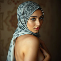 A striking image of a young woman wearing a hijab, delicately juxtaposed with elements of artistic nudity