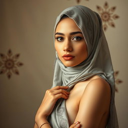 A striking image of a young woman wearing a hijab, delicately juxtaposed with elements of artistic nudity