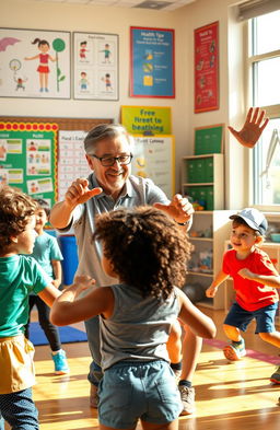 Depiction of a dedicated physical education teacher engaging and motivating elementary school students in a vibrant and active classroom setting