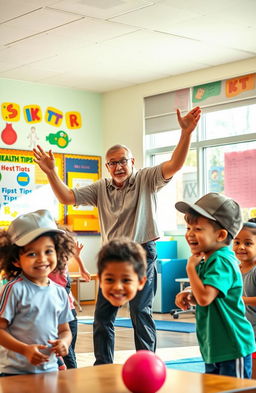 Depiction of a dedicated physical education teacher engaging and motivating elementary school students in a vibrant and active classroom setting