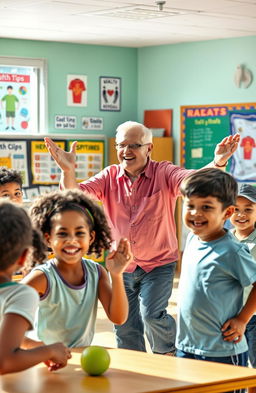 Depiction of a dedicated physical education teacher engaging and motivating elementary school students in a vibrant and active classroom setting