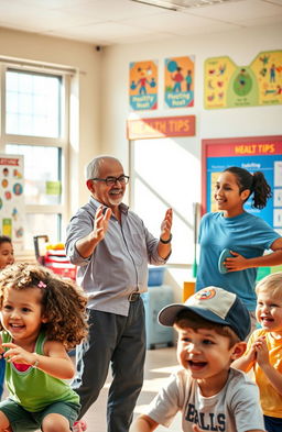 Depiction of a dedicated physical education teacher engaging and motivating elementary school students in a vibrant and active classroom setting