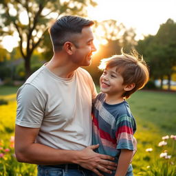 A warm and affectionate scene depicting a man gently kissing a young boy's head, both expressing love and tenderness