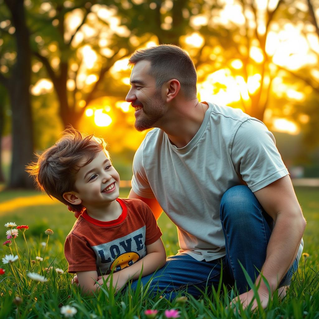 A warm and affectionate scene depicting a man gently kissing a young boy's head, both expressing love and tenderness