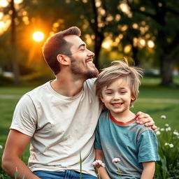 A warm and affectionate scene depicting a man gently kissing a young boy's head, both expressing love and tenderness