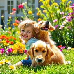 A whimsical scene featuring a playful dog affectionately licking a boy's head from behind, capturing a joyful moment in a sunny garden setting
