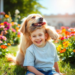 A whimsical scene featuring a playful dog affectionately licking a boy's head from behind, capturing a joyful moment in a sunny garden setting