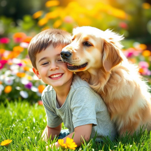A whimsical scene featuring a playful dog affectionately licking a boy's head from behind, capturing a joyful moment in a sunny garden setting