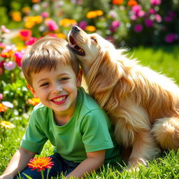 A whimsical scene featuring a playful dog affectionately licking a boy's head from behind, capturing a joyful moment in a sunny garden setting