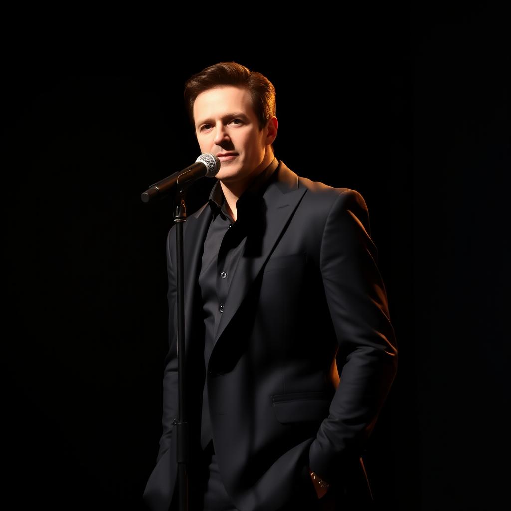 A person wearing a sleek black suit standing confidently in a dimly lit room with a dark background, a microphone positioned in front of their mouth