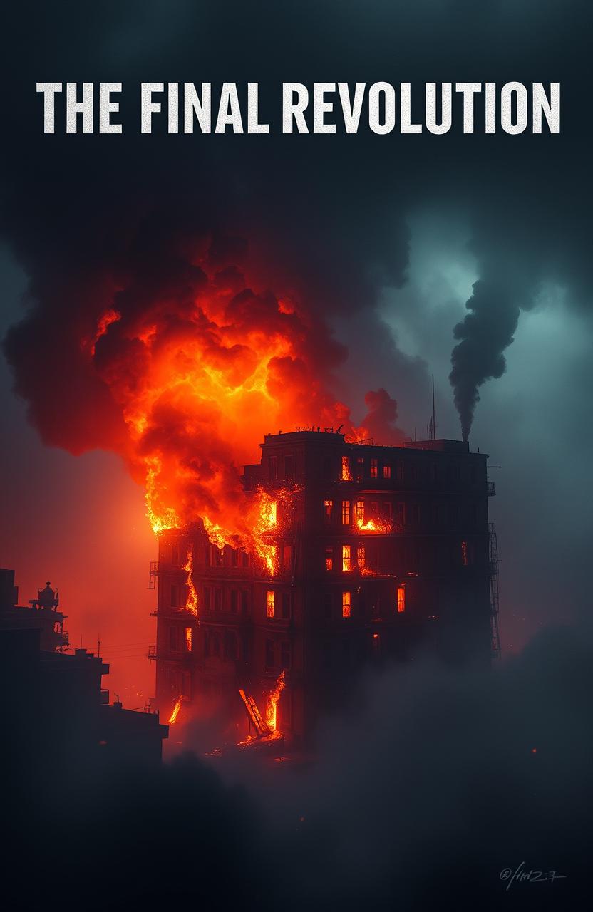 A dramatic scene titled 'The Final Revolution', featuring a central building engulfed in flames, with thick smoke filling the air
