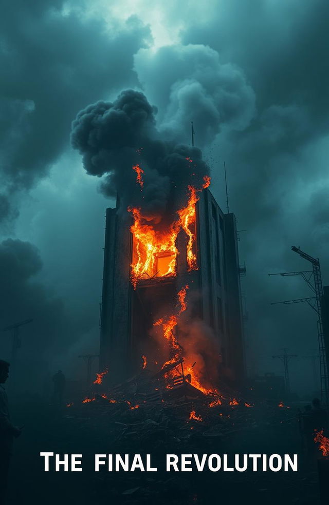 A dramatic scene titled 'The Final Revolution', featuring a central building engulfed in flames, with thick smoke filling the air
